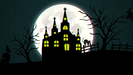 Fondo-De-Halloween,-Casa-Con-Luna,-Murciélago,-Bucle,-Animación,-Concepto-De-Halloween,-Elemento-De-Fondo